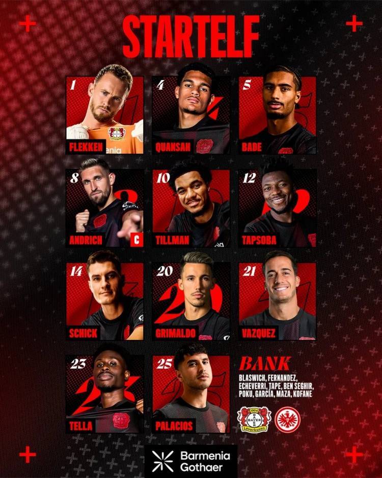 勒沃库森vs法兰克福首发：宽萨、巴斯克斯、希克出战